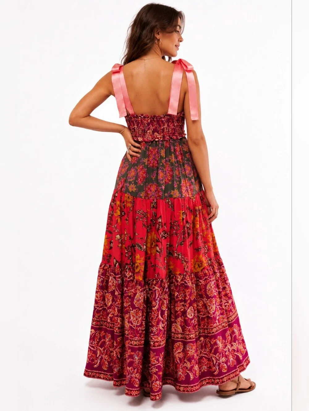 Free People Bluebell Maxi Dress Magenta Combo Floral Boho Smocked Pockets Sz S - Picture 2 of 16